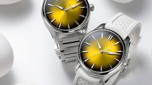 H. Moser & Cie. Pioneer Centre Seconds 2025 featuring a vibrant yellow fumé dial with sunburst pattern, housed in a 40mm stainless steel case.