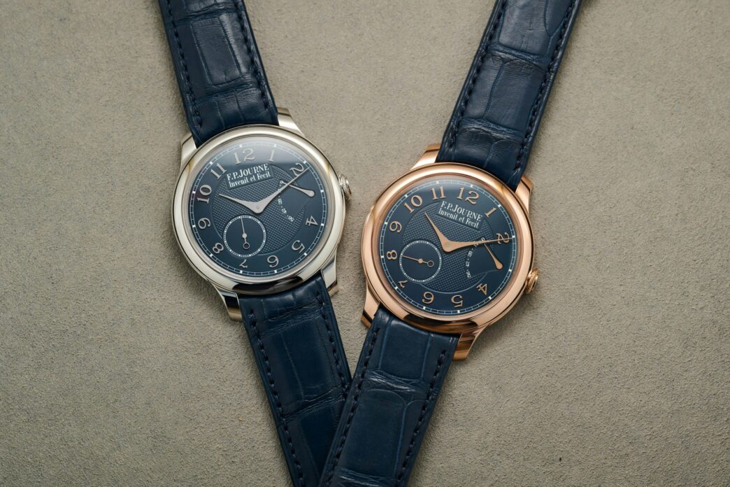 F.P. Journe Chronomètre Souverain 20th Anniversary Edition in platinum and rose gold, featuring a blue guilloché silver dial with 18K white gold numerals.