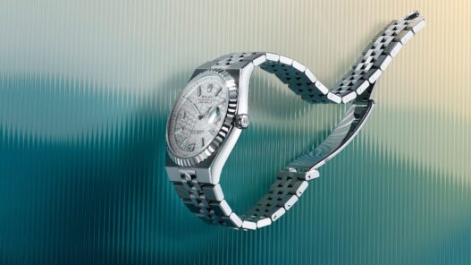 Rolex Land-Dweller 40 in platinum with ice blue honeycomb dial and Flat Jubilee bracelet.